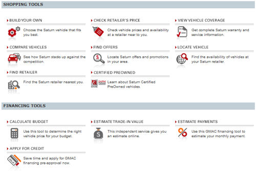 Saturn Shopping and Financing Tools
