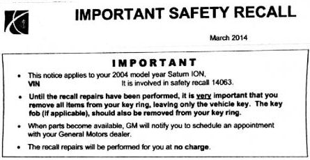 Ion Ignition Switch Recall Notice Letter